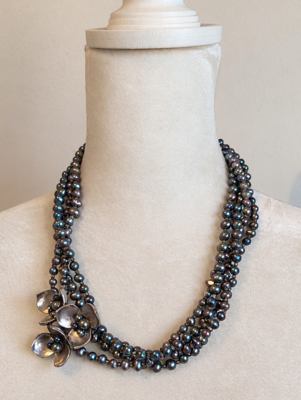 Keshi Peacock Pearl Silver Tone Floral Torsade Necklace Coldwater Creek